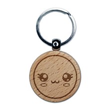 Kawaii Cute Sparkly Eyes Face Engraved Wood Round Keychain Tag Charm