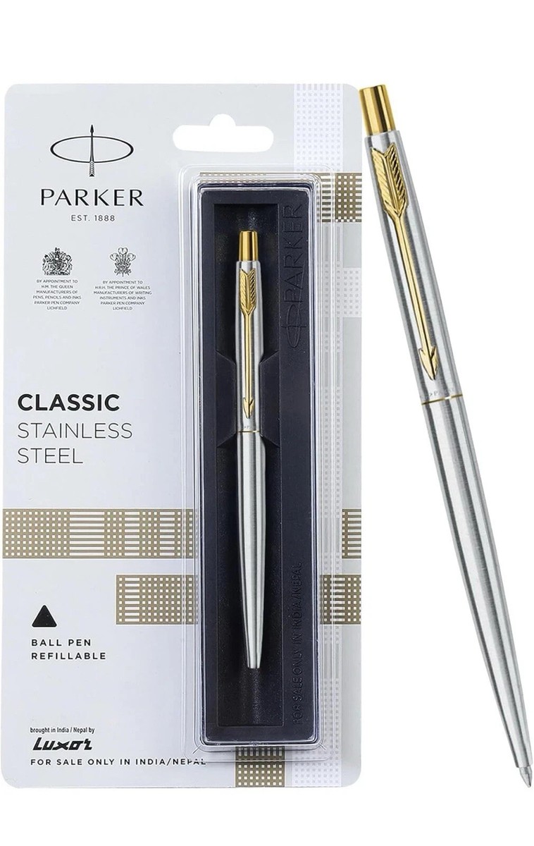 Parker Classic Stainless Steel Gold Trim Ball Pen| Ink Color