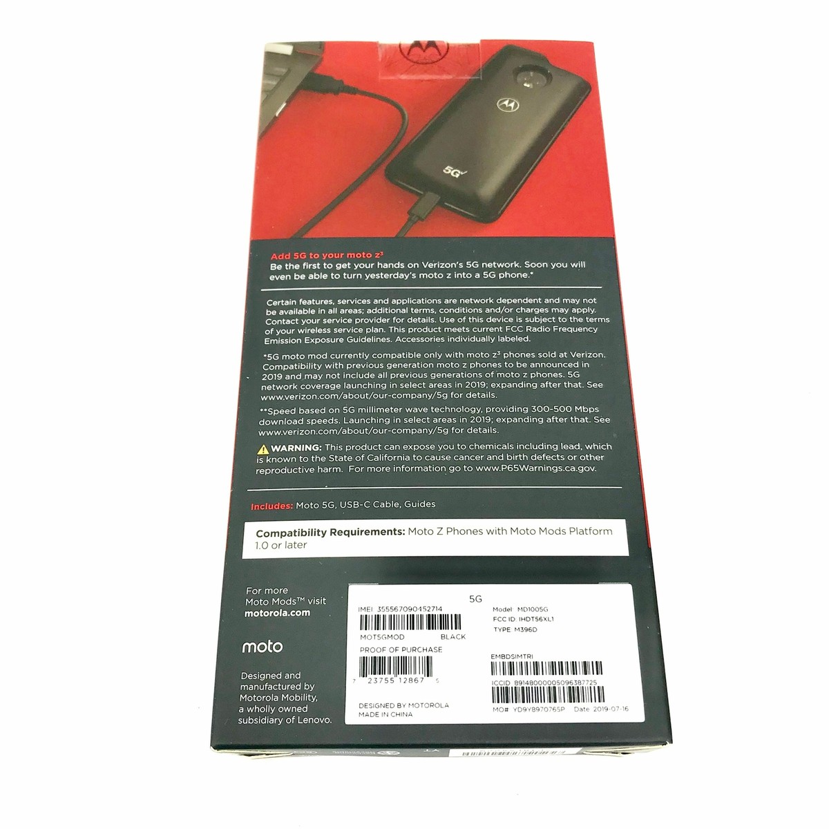 Black Motorola 5G Moto Mod for Moto Z3 Moto Z4 Verizon Brand