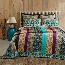 Capri 100% Cotton Bohemian Queen Quilt Multicolor Floral Strip Quilted Bedspread