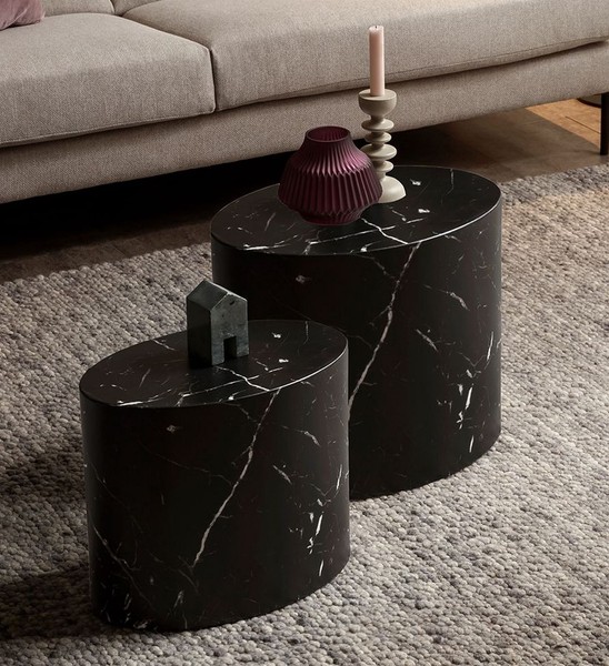 Couchtisch 2Er Set Oval In Marmoroptik Schwarz Wohnzimmertisch Beistelltisch-image