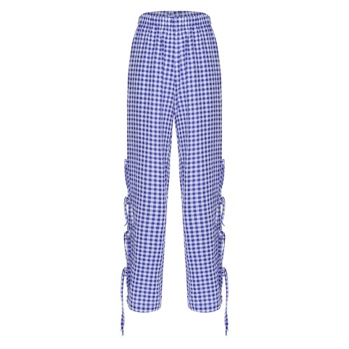 Womens Loungewear Loose Fit Long Pants Tie Trousers Wide Leg Plaid Drawstring - Picture 61 of 75