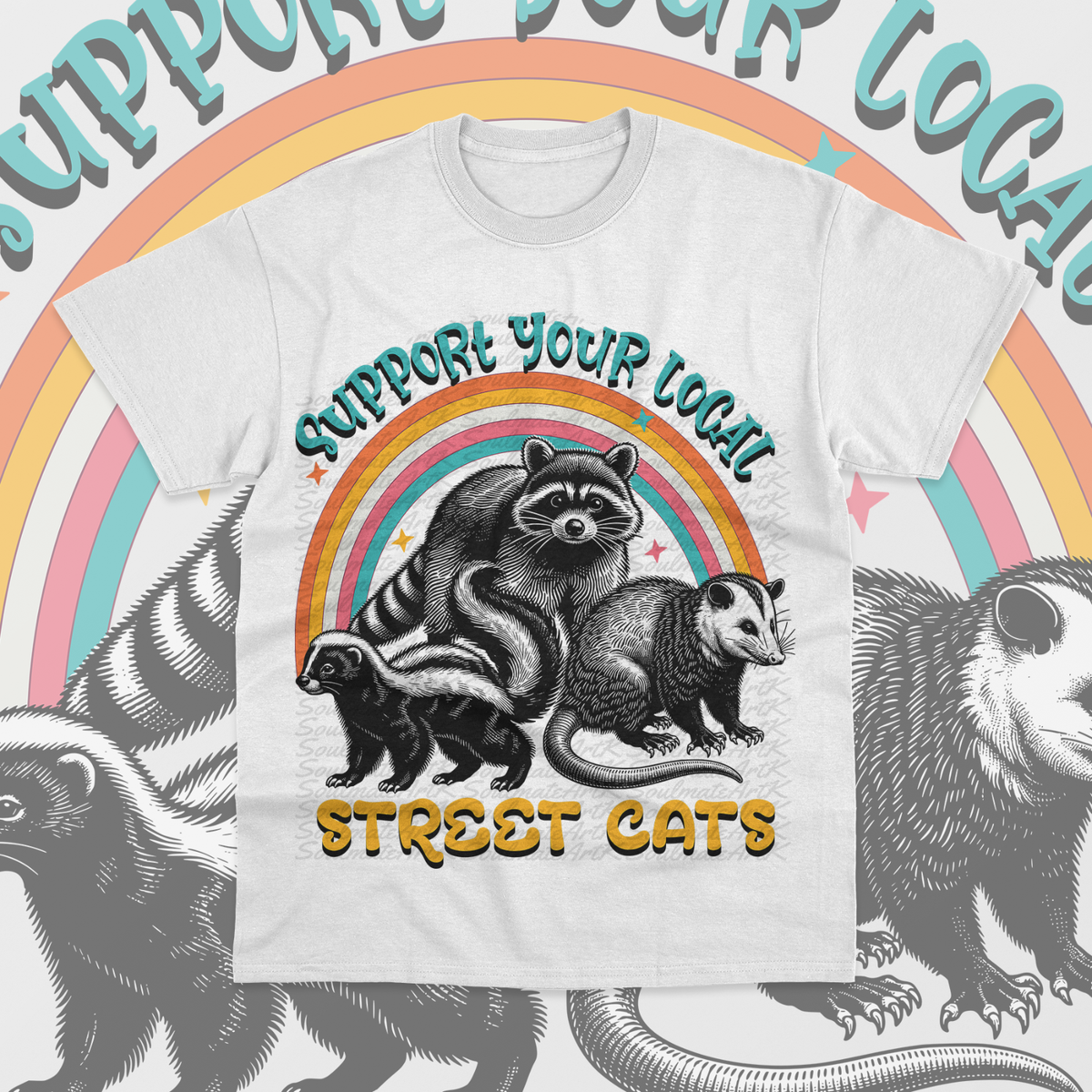 Support Your Local Street Cats T-Shirt Vintage Raccoon Skunk Possum  Sweatshirt