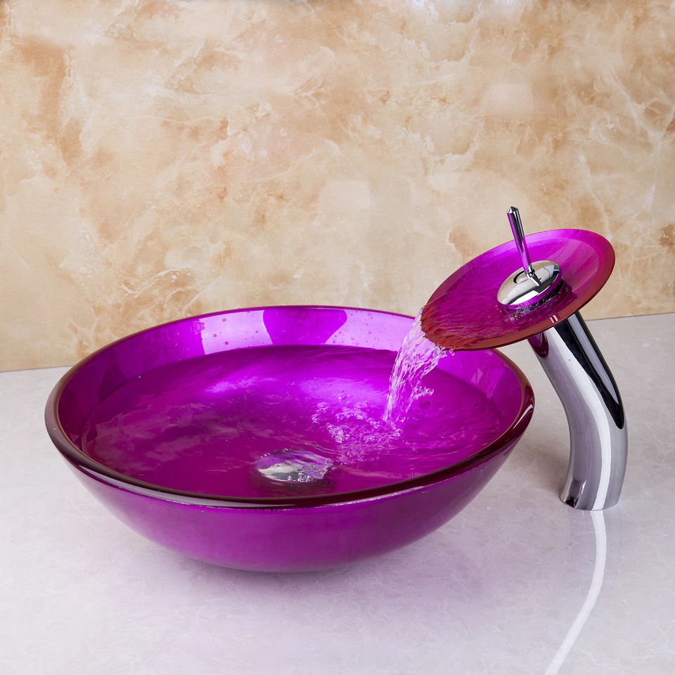 Combo de lavabo de vidrio rosa para baño mezclador de cascada grifo drenaje de residuos Foto 3 de 4
