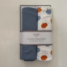 NEW Swaddle Baby Blankets (0-3M) Pumpkin Print and Blue Solid | Modern Baby