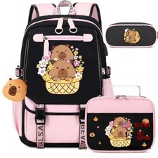 Pink Cartoon Capybara School Backpack for Girls - Pink Cartoon