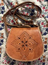 Vintage Hand Tooled Brown Leather Crossbody Saddle Flap Bag
