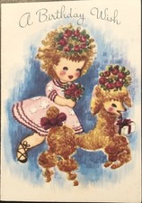 Vtg Birthday Greeting Card Cute Girl Pink Dress Poodle (Same Hair) Floral Hats