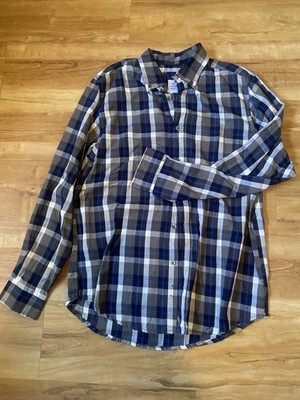 Basic Editions Men's Long Sleeve Button Down Plaid Navy White Excellent Medium