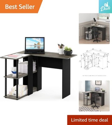 Elegantly Compact L-Shape Computer Desk with Bookshelf in French Oak Grey