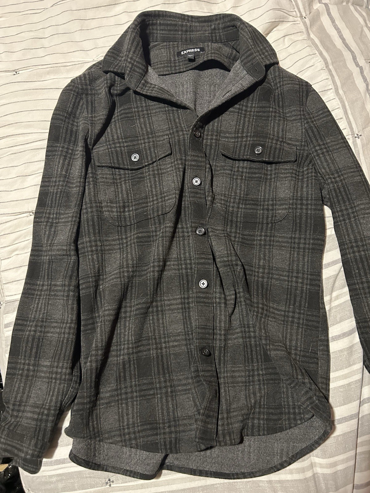 EXPRESS Gray Plaid Shacket Jacket XS Nylon Button Front Pockets Long Sleeve
