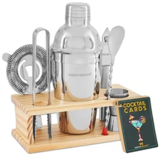 Modern Mixology Bartender Kit - 8-Piece Cocktail Shaker Set with Wood Stand, ...