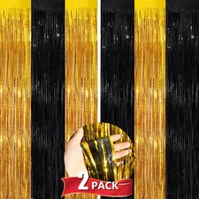 Black Gold Tinsel Backdrop Foil Fringe Curtains, 2 Pack Party Decor