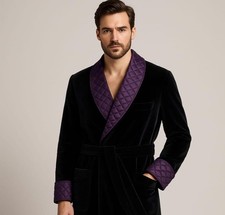 Men  s Black Velvet Robe with purple Quilted Lapel   Luxury Smoking Jacket