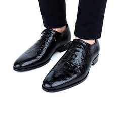 Men Handmade Black Leather Crocodile Pattern Formal Dress Lace-up Oxford Shoes