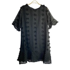 Whimsigoth Boho Sheer Overlay Black Mini Shift Dress Women M Pom Pom Swiss Dots
