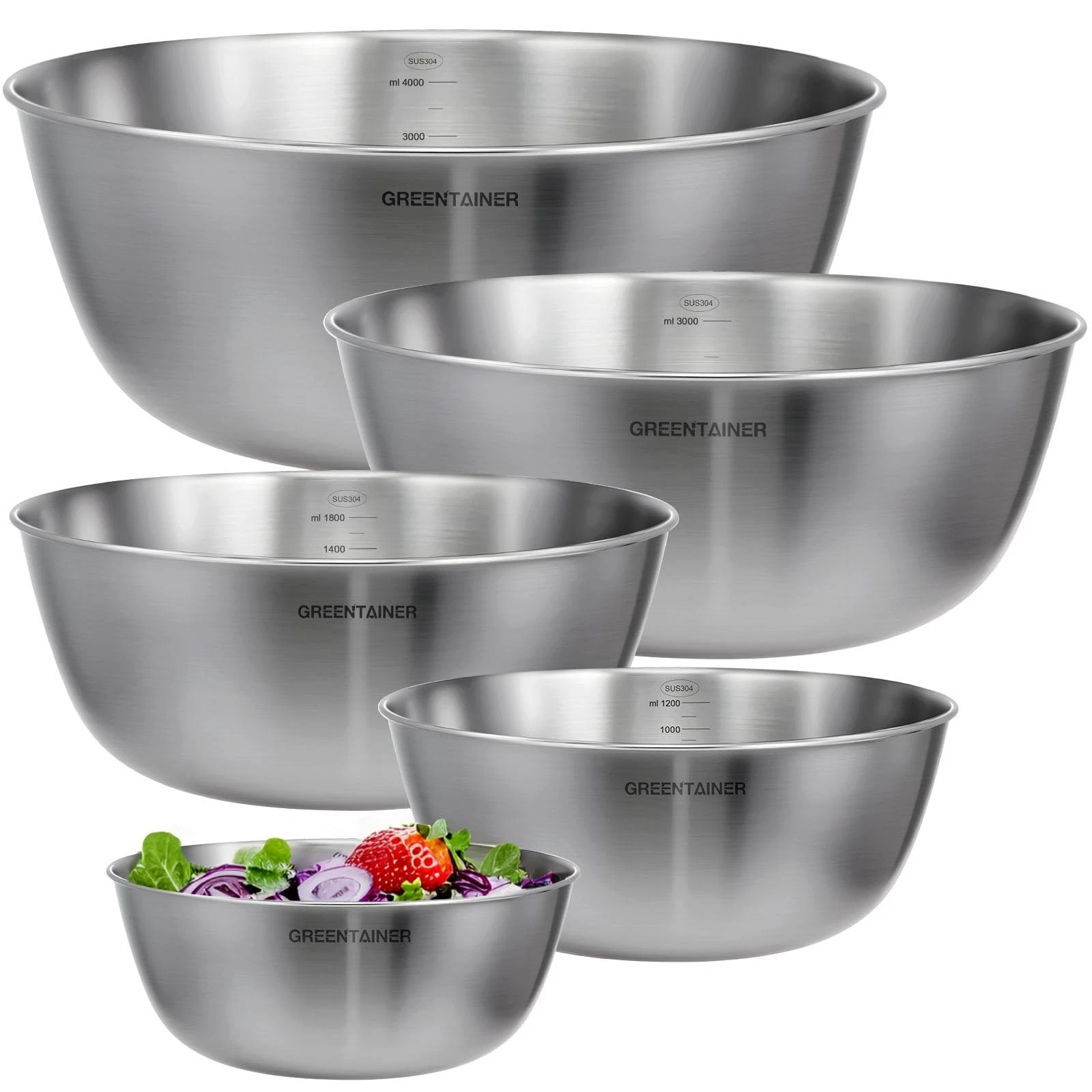 Greentainer 5-Piece Stainless Steel Mixing Bowls Set for Kitchen, large, Gray