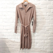 Tahari Sweater Dress XL Brown Midi Cable Knit Side Slits Belt Long Sleeve Collar