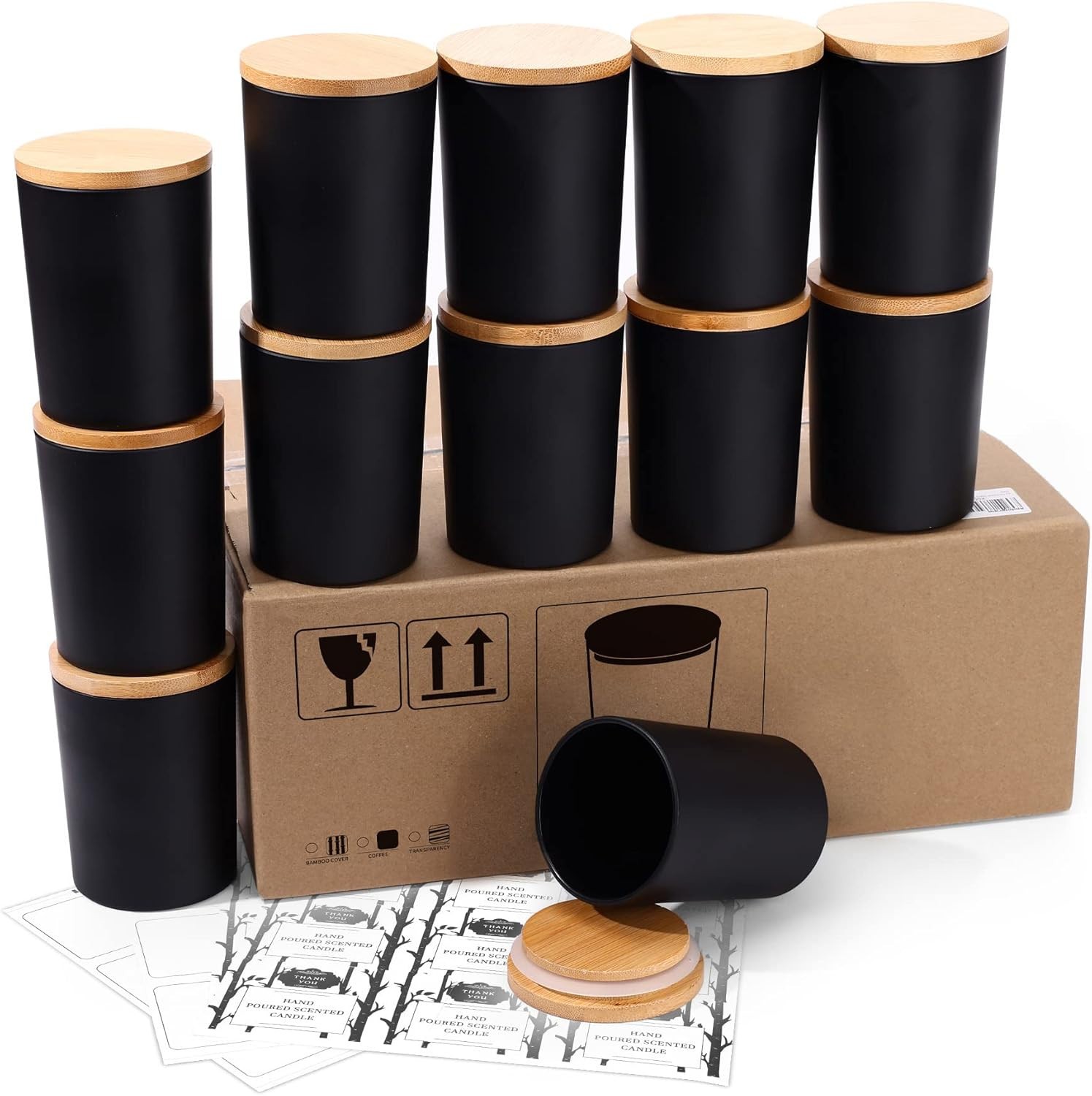 12 Pack, 10 oz Black Candle Jars with Bamboo Lids and Sticky