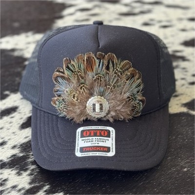 Otto Black Trucker Hat Mesh Back Adjustable Feather Patch Cap One Size