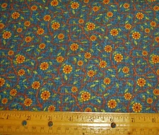 1 yard Small SUNFLOWERS with VINES on BLUE 100% Cotton Fabric FALL HARVEST TIME