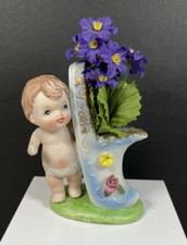 Vintage Adorable Toddler Boy By Blue Shoe Porcelain Bisque Vase Figurine