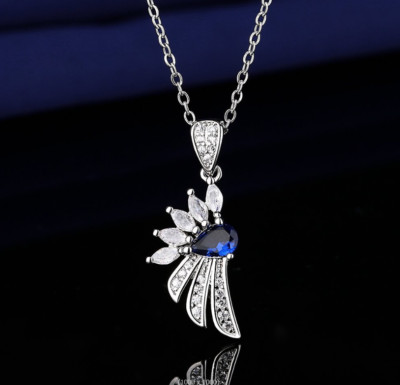 Silver Titanium Flower Phoenix Wing Pave Pear Blue CZ Pendant Chain Necklace