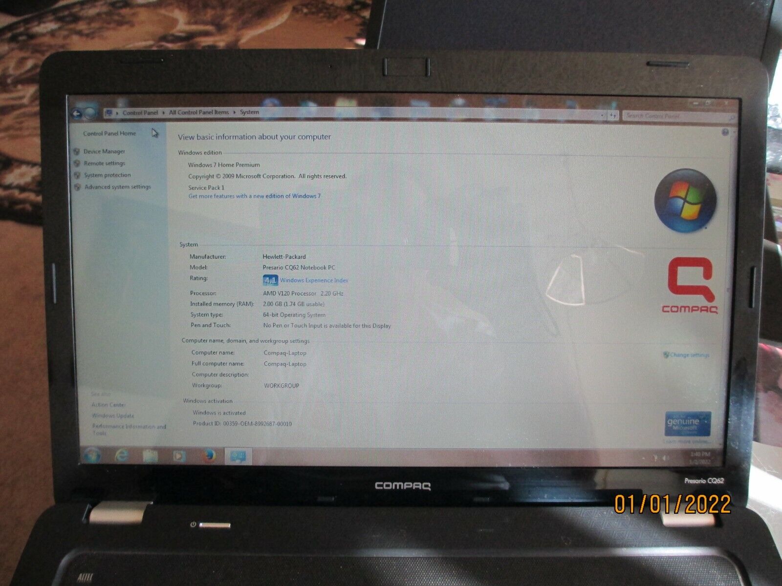 Compaq Presario CQ62-210US 15.6in. (250GB, 2.2GHz, 2GB) Notebook/Laptop - WQ775U