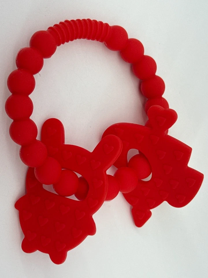 Silicone Baby Teething Toys Red Heart Bunny Ring Chew Rattle BPA-Free Soft - Image 4 of 4