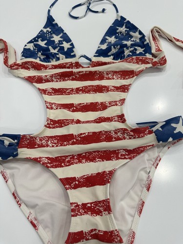 Venus USA Patriotic Sparkly Stars & Stripes Monokini One Piece Swim Suit Sz 6 - Picture 2 of 4