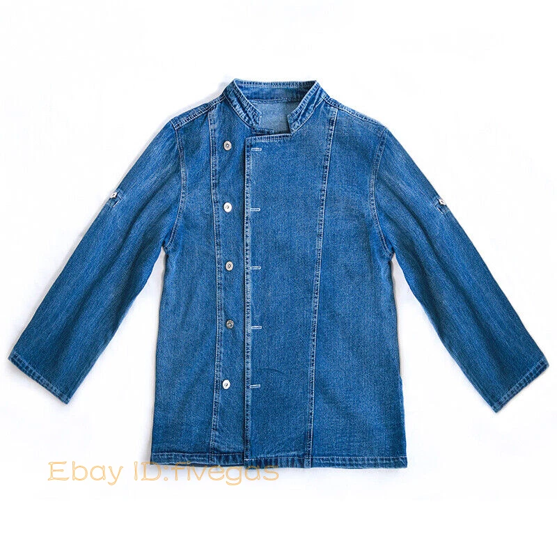 Men Women Denim Chef Jacket Long Sleeve Cook Jeans Coat Kitchen Unisex Uniform - Image 3 of 4