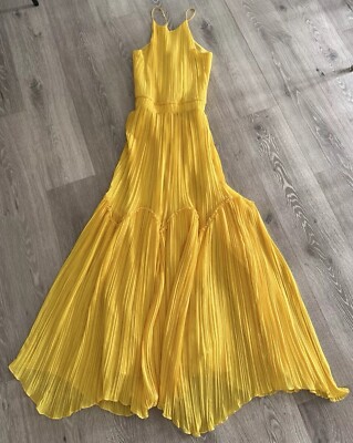 Brand New Halston Heritage Chiffon Pleated Floor Length Yellow Gown in Size XS