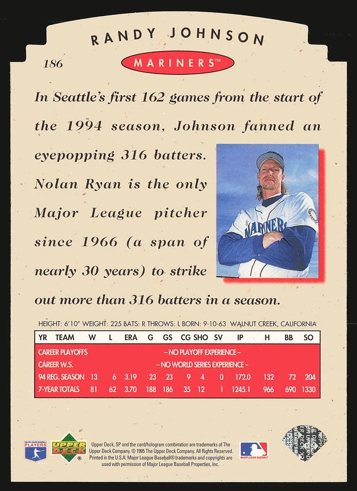1995 SP Championship #186 Randy Johnson Die Cuts - Image 2 of 2