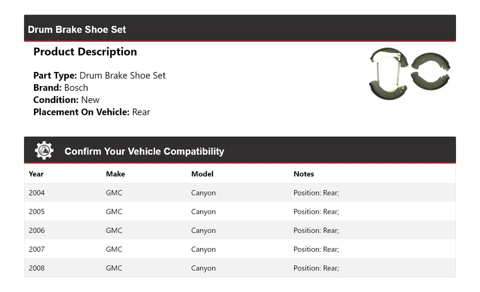 Juego de zapatas de freno de tambor traseras para GMC Canyon Bosch 2004-2008 2005 2006 2007 Foto 2 de 3
