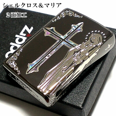 Zippo Virgin Mary Shell Cross Black Nickel Silver 2 Sided Etching Lighter Japan