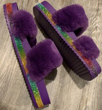 NWOB Women  s Purple Furry Double Strap Slide In Faux Fur Sparkled Sole Sandals 7