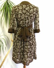 GNW Women Dress 6 Boho Empire Floral Lining Brown Midi Belted 3/4 Sleeve Chiffon