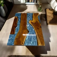 Unique Blue Epoxy Resin Rectangle Dining Table Sofa Centerpiece Wood Top Decors