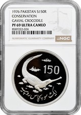 Pakistan 150 rupees 1976, NGC PF69 UC, "Conservation - Gavial Crocodile" silver