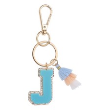 Initial Letter Keychain Cute Alphabet Letter-J Charm with Tassel Light Blue