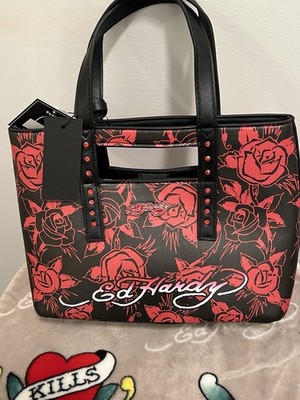 Ed Hardy Red Black Tote Bag with Skull, Rose, Rhinestone, Studded
