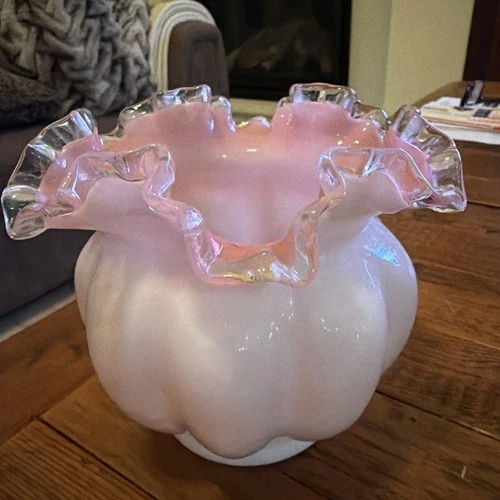 VTG Fenton Glass Vase Cranberry Overlay Melon White Silvercrest Ruffled Edge