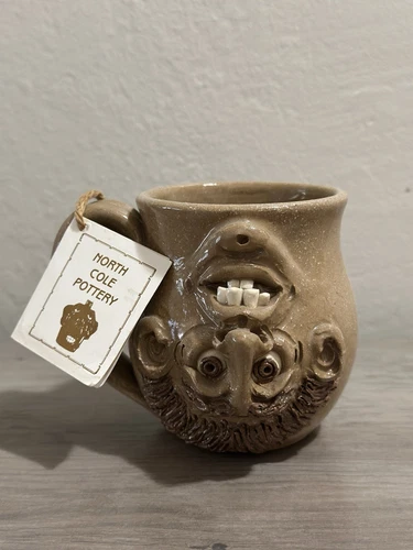 Vintage North Cole Pottery Folk Art Face Jug Coffee Mug Signed Sandy Cole 2000