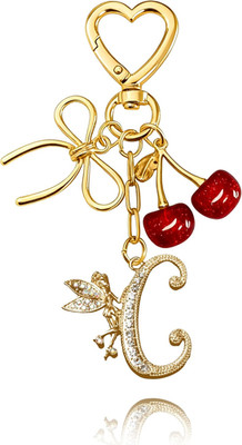 Initial Keychain with Bow and Cherry,Gold Letter Bag Charms for Women,Cute Purse