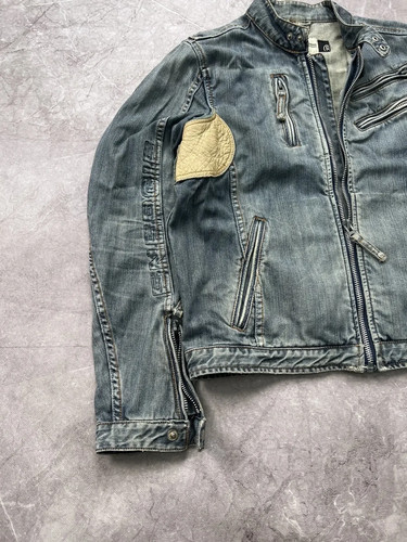 $599 Designer ENERGIE Men's Rare Blue Diesel Leather Trim Denim Jeans Jacket M - Picture 2 of 13