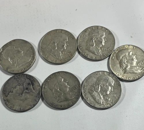 7 Circualated Ben Franklin 90% Silver Half Dollar Coins-Various dates