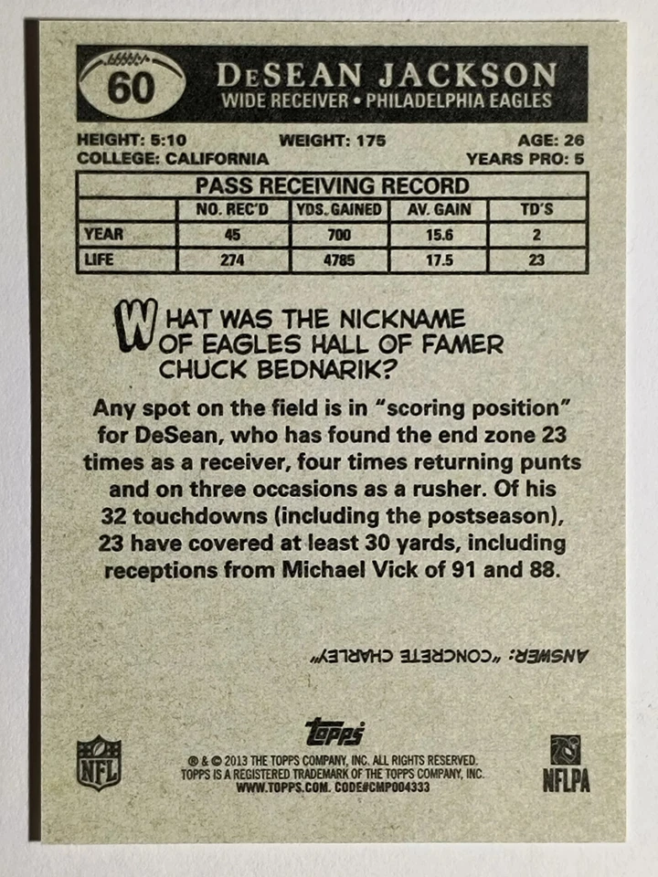 2013 Topps 1959 Mini #60 DeSean Jackson - Image 2 of 2