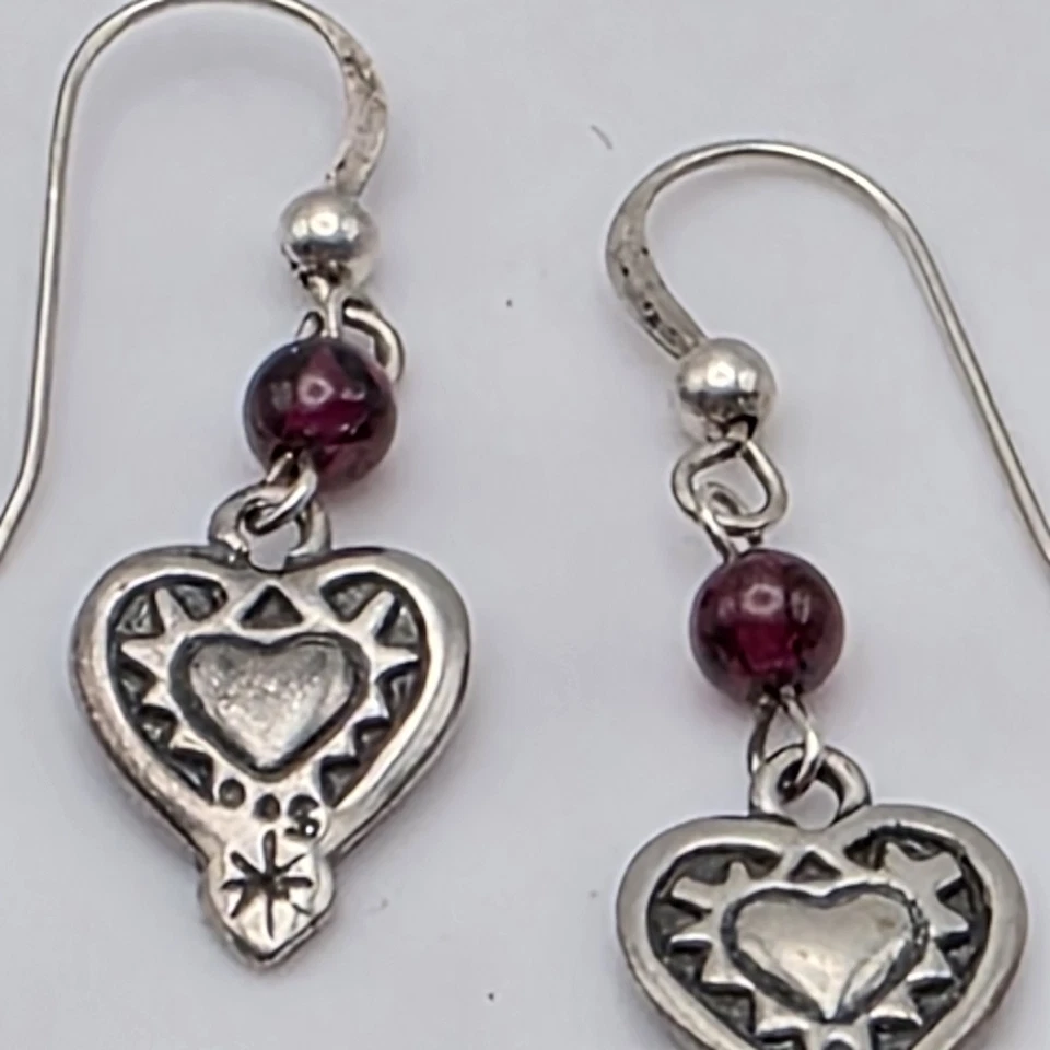 SILPADA Garnet Heart Earrings 925 Sterling Silver Etched Dangle Drop W0953 - Image 4 of 4