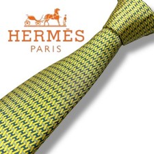 Good condition HERMES  tie yellow blue all over pattern silk made in France