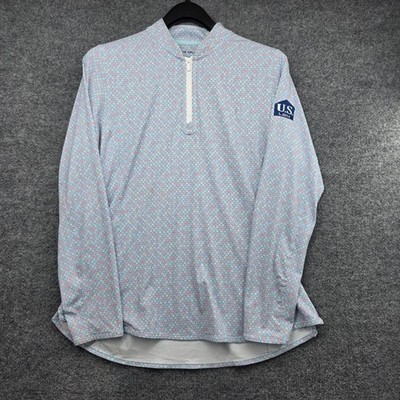 Peter Millar Mens Large Pickleball Print Print Quarter Zip Pullover UPF 50+ Blue